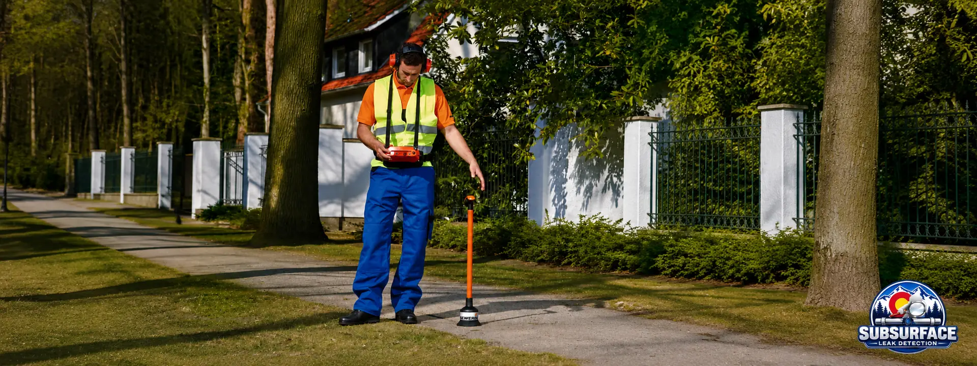 Man performing Acoustic leak detection on a water service line