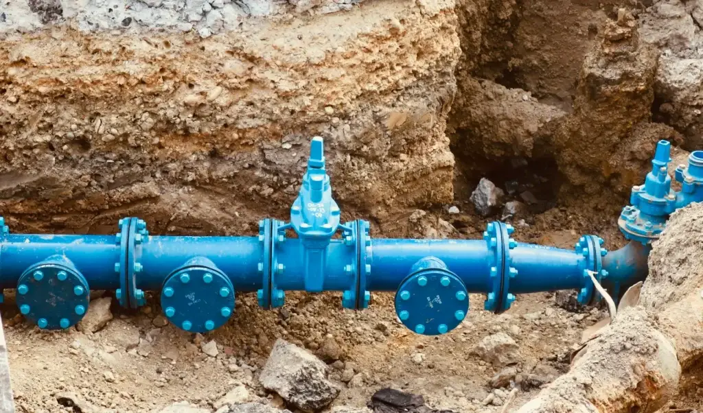 Commercial water main exposed in the dirt